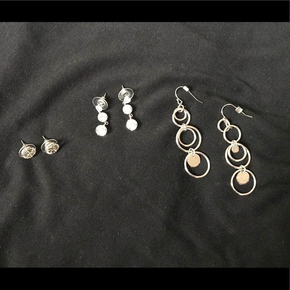 Earrings - Set of 3 - Silver with Gems